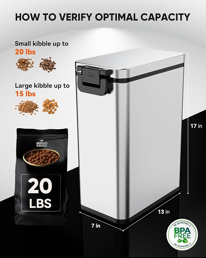 Courpal® Stainless Steel Dog Food Storage Container, 20lb/15lb Pet Food Bin | Dry Pet Food Container with Lids Airtight for Cat Dog Bird, 15L/4 Gal Stackable Metal Large Sealed Animal Food Bin with Scoop