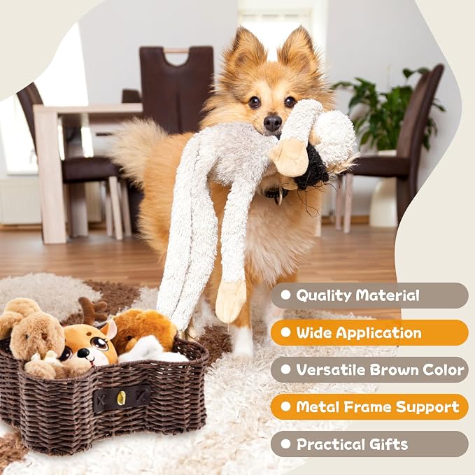 Barydat 2 Set Large Small Dog Toy Basket with Lid Bone Shaped Basket for Dog Natural Wicker Woven Handmade Pet Puppy Toy Organizer and Storage Box Bin for Cats(Wicker,Dark Brown)