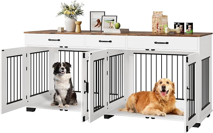 IDEALHOUSE 71-Inch Large Dog Crate with 3 Drawers for 2 Dogs, White | Dog Kennel Furniture, Large Breed Dog Crate and TV Stand for Medium-Large Dog