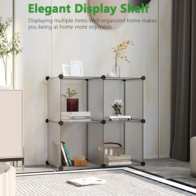 C&AHOME Plastic Cube Storage Organizer, 4-Cube Shelves Units, Grey | DIY Modular Bookshelf, Portable Closet Organizers and Storage Ideal for Bedroom, Office, 24.8" L x 12.4" W x 24.8" H