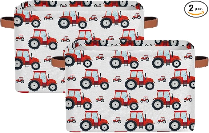 Red Tractor Rectangle Storage Basket Truck Car Foldable Storage Bin Cubes with Handles Large Organizer Bins Boxes Toy Closet Shelf Nursery Laundry Basket Home Decor