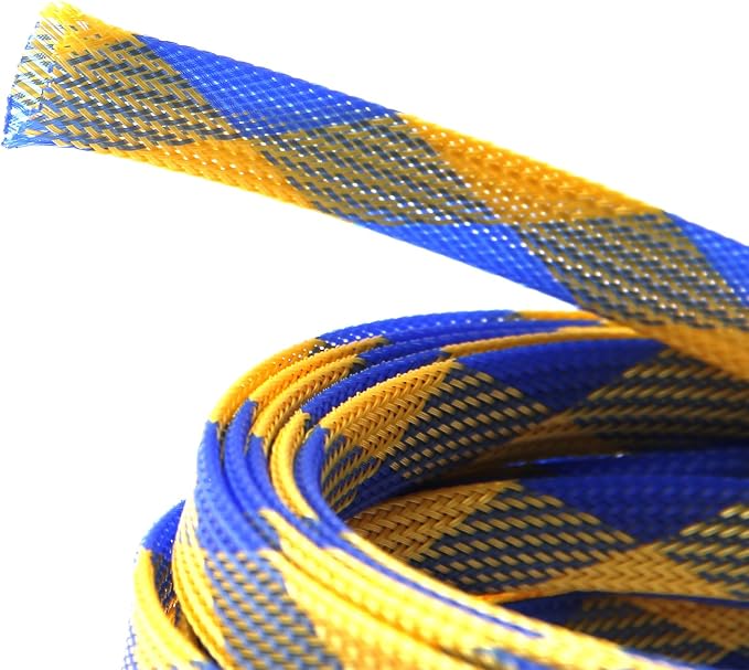 Jutagoss PET Expandable Braided Cable Sleeve, 16.4ft - 1/2 inch Blue Yellow Cable Management Sleeve, Wire Loom Tube Cord Protector for USB Cable, Power Cord, Audio Video and More, 1Pc