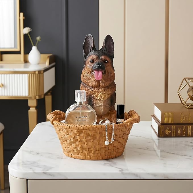 Cute German Shepherd Candy Bowl, Resin Dog Figurine Key Bowl for Entryway Table, Desktop Storage Basket Organizer for Desk, Unique Dog Lover Gift