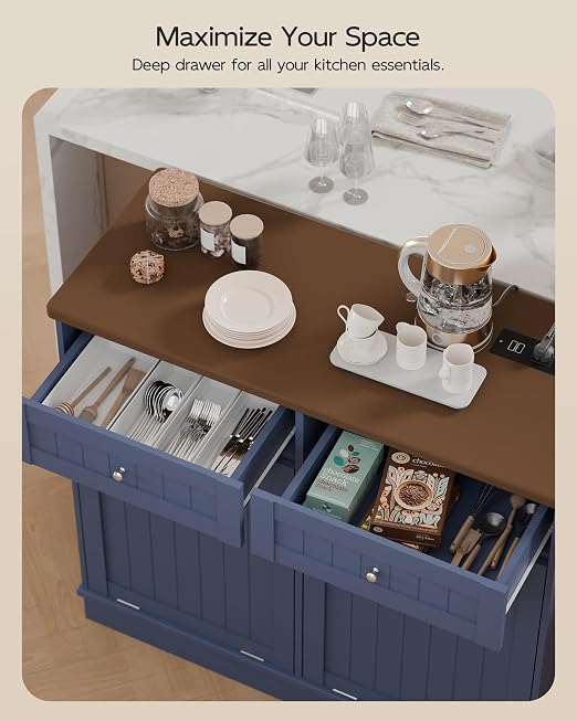 Betterhood Double Tilt Out Trash Cabinet with Power Outlet & USB, Hidden Garbage Can Holder with 2 Storage Drawers, Wooden Laundry Hamper for Kitchen, Bathroom, Living Room, Blue