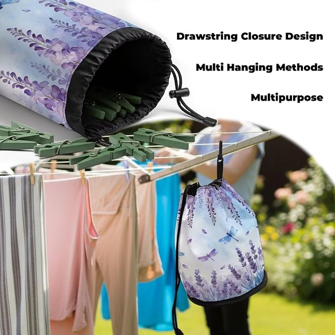 Lavender Dragonfly Drawstring Laundry Clothespin Bag, Peg Organizer Pouch with Multi-Hang Loop, Portable Storage for Clips, Perfect for Drying Rack, Camping Trips, Dorm