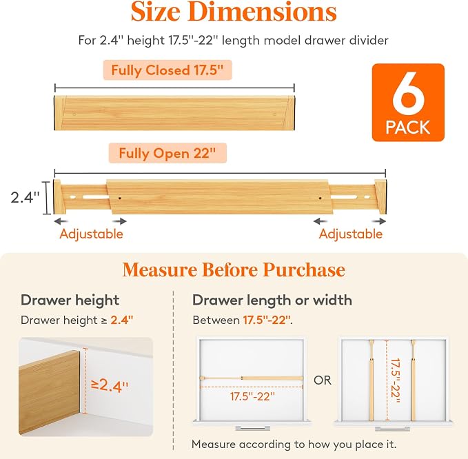 Lifewit 2.4" Kitchen Drawer Dividers, Adjustable Bamboo Drawer Organizers | 6 Pack 17.5"-22" Expandable Drawer Separator for Clothes, Utensils, Dresser, Cabinet, Closet, Nursery Organization & Storage