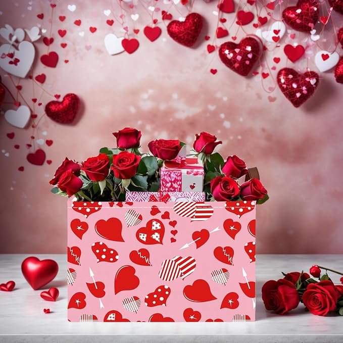 Cute Large Valentine's Day Gift Basket Empty Heart Decor Storage Bin for Kid Baby Room Décor (Striped Red Heart)