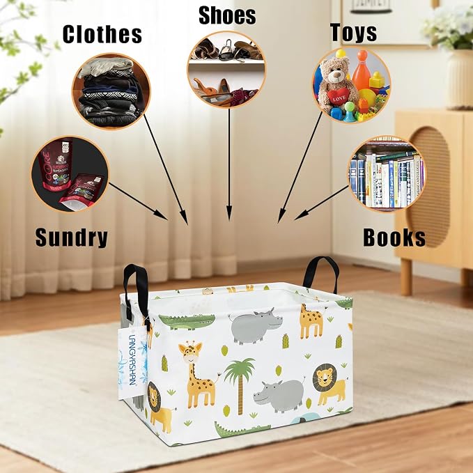 Rectangular Collapsible Animal Storage Basket Nursery Organizer | Storage Bin Foldable Canvas with Handles for Organizing Home Kitchen Children Toys Office Closet Shelf Baskets