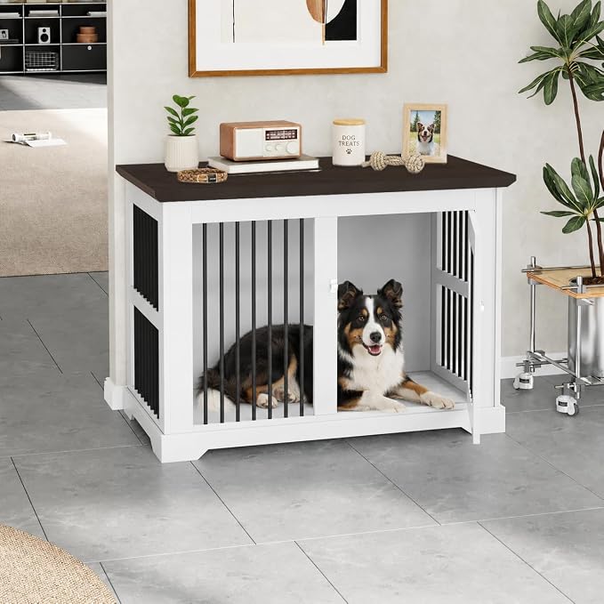 44" Wooden Dog Crate Furniture,Large Kennel Pet Cage End Table for Indoor | for XXL XL Medium Dogs, White and Wood, Fits Living Room Bedroom, Heavy Duty Steel Frame with Lock 100 lbs Cap, 100 lbs Top.