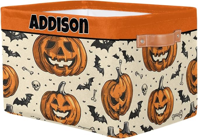 Custom Name Storage Basket Happy Halloween Pumpkin Bat Storage Box Bins Organizing Kids Pets Toys Closet Shelf Clothes Books