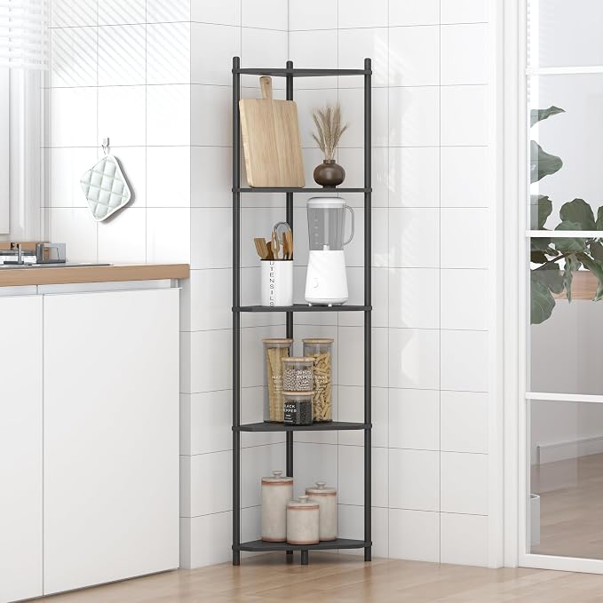 Wisuce Black Tall Corner Shelf Stand, 5-Tier Bamboo Corner Bookshelf | Space-Saving Narrow Corner Shelf | Bathroom Corner Shelf | Shelves for Bedroom, Living Room, Kitchen & Plant Display
