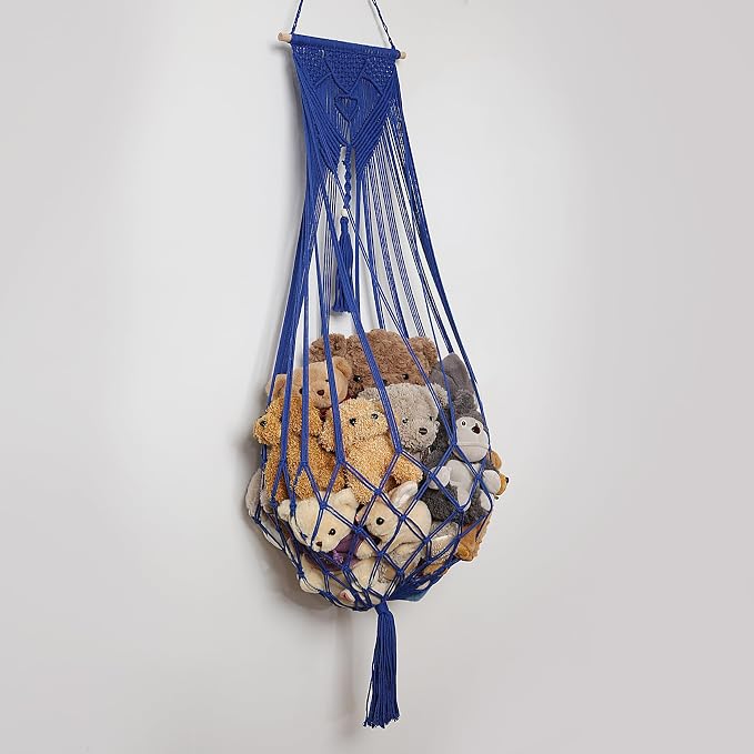 Stuffed Animal Net or Hammock Corner or Wall Hanging Net for Plush Toy Storage Boho Macrame Toy Display Nursery Bedroom Decor Stuffy Animal Toy Organizer (Blue)