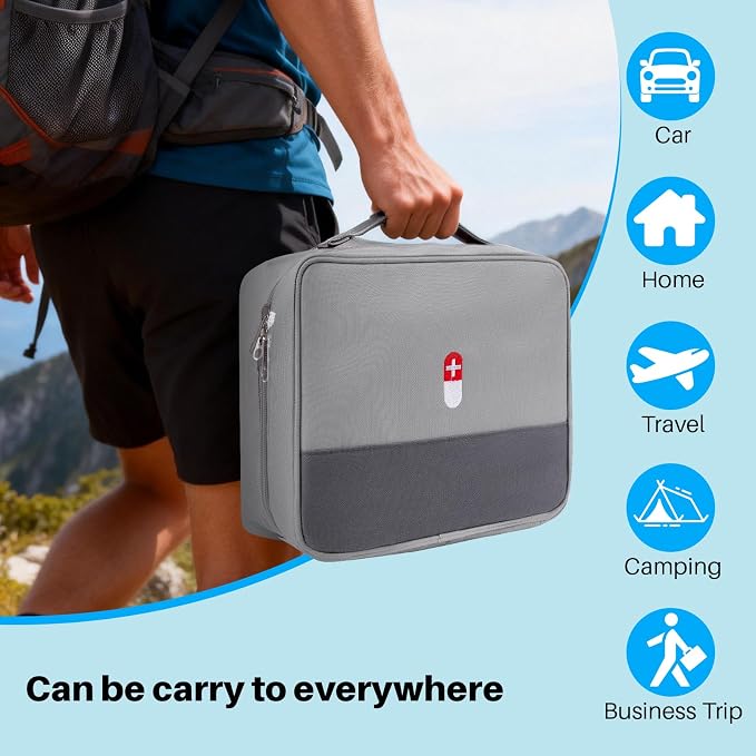First Aid Bag Empty Medicine Bag Portable Medical Supplies Organizer Bag for Home Traveling Outdoor Hiking Camping Backpacking Cycling (Gray)