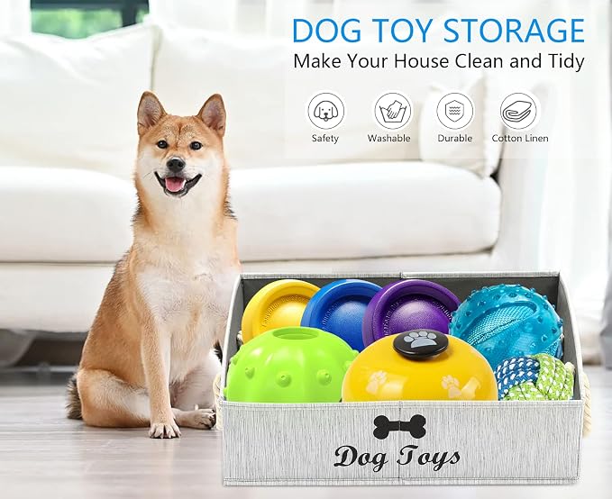 Morezi Large Dog Toy Bin Puppy Shallow Toy Basket Dog Toy Storage Perfect for Living Room Playroom Closet Home Organization - Grey Canvas