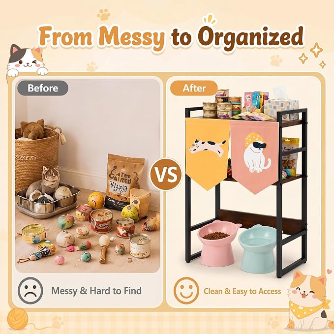 Cat Feeding Station with Storage, 3-Tier Cat Food Organizer Shelf, Elevated Feeding Area Fits Different Bowl Heights, Space Saving Pet Supply Rack with Decorative Flags(Not Include Bowls)