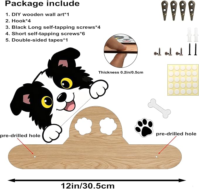 3D DIY Wooden Dog Leash Holder Wall Decoration, Cute Puppy Design Harness Wall Mount Hanger Organizer with 4 Hooks for Entryway Door Bathroom Kitchen Home Decor, Keys, Collars, Pet Lover Gift
