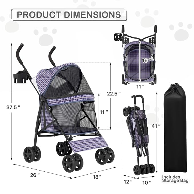 MoNiBloom Pet Stroller for Small/Medium Dogs and Cats up to 22 lbs, Plaid | Foladble 4 Wheels Easy-Fold Puppy Cage Jogger Stroller with Sun Cover, Pad and Rear Storage Bag, Breathable and Visible Mesh