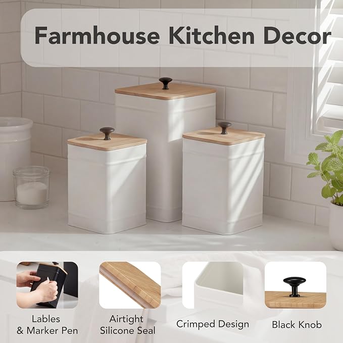 PERFNIQUE Kitchen Canisters for Countertop Set of 3, Airtight Canisters Sets for the Kitchen Counter with Lid, Metal Farmhouse Food Storage Containers Jars for Flour Sugar Coffee Tea Spice (White)