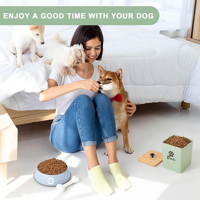 Dog Treat Container Airtight, 5.7"W x 6.7"H Iron Pet Treat Jar with Bamboo Lid, 12 Cup Food Storage Canister for Kitchen Counter, Decorative Pet Cookie Jar for Dog Snacks Kibble,Saga Green