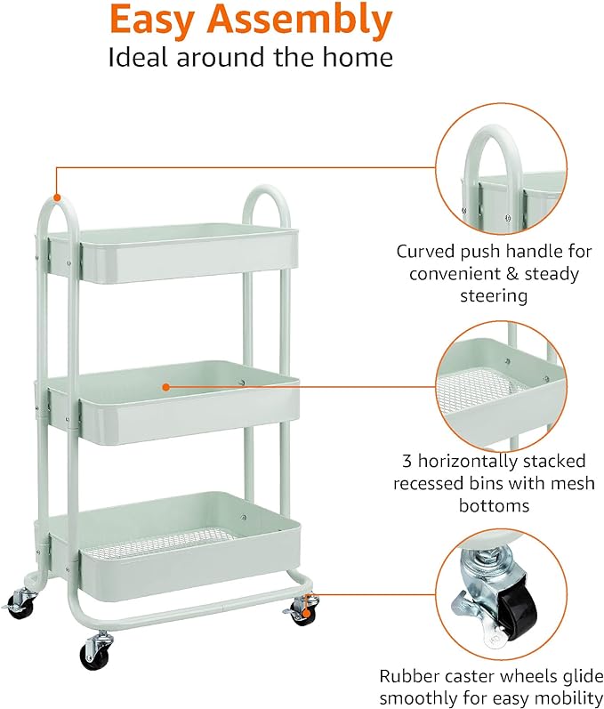 Amazon Basics 3-Tier Metal Rolling Utility Cart, Storage Organizer, Multi-Functional Kitchen Island Cart, Portable Shelving Unit with Caster Wheels, Mint Green