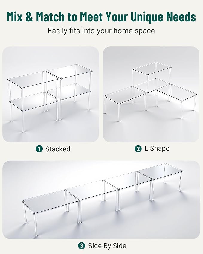 Acrylic Cabinet Organizer Set of 4, Stackable Spice Rack for Kitchen | Clear Shelf Organizer for Pantry, Cabinets, Countertops and Desks, Stackable Design Perfect for Spices and Small Items
