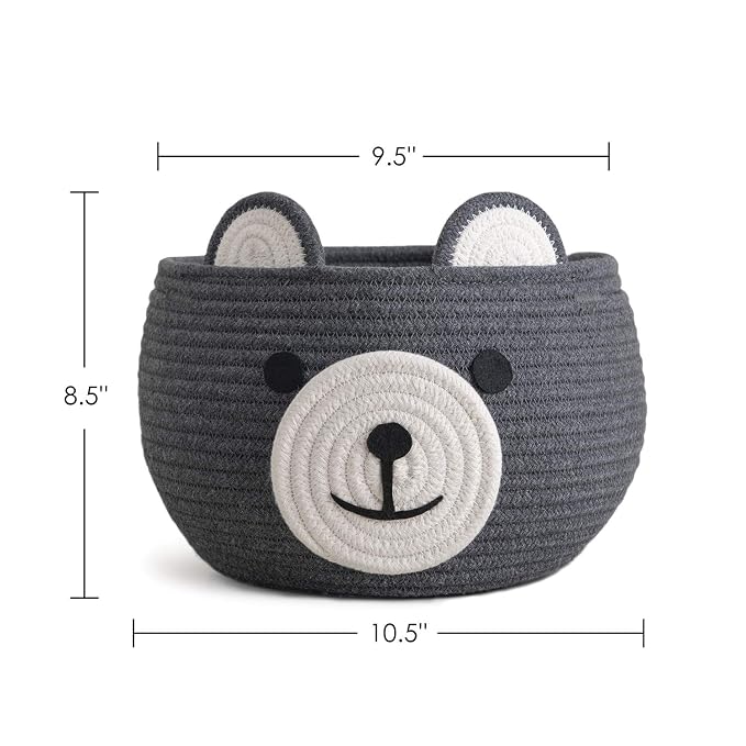 CherryNow Baby Basket for Gifts Empty, Cute Bear Design, Grey | 10.5" x 8.5" Woven Rope Baby Shower Basket, Fits Living Room Nursery Decor, Gift Baskets Empey for Kids Boys