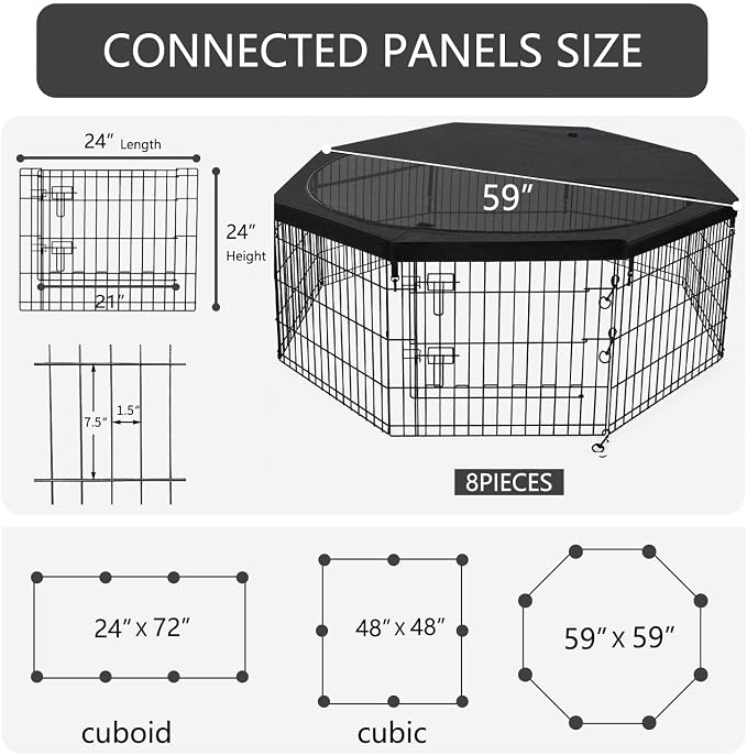 PETIME Foldable Metal Dog Exercise Pen/Pet Puppy Playpen Kennels Yard Fence Indoor/Outdoor 8 Panel 24" W x 24" H with Top Cover