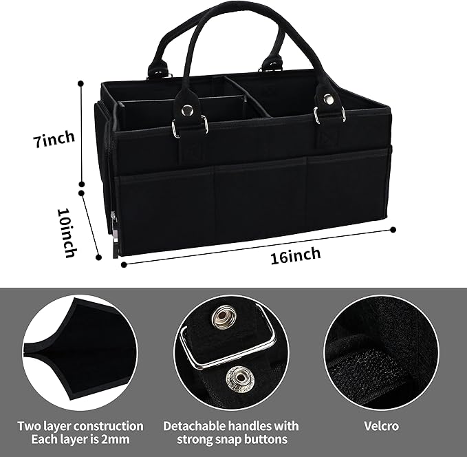 XUANGUO Large Baby Diaper Caddy Organizer, Felt Basket with Handles, Black | Nursery storage bin with dividers; portable tote bag for baby stuff, changing table or car, baby shower and registry gifts.