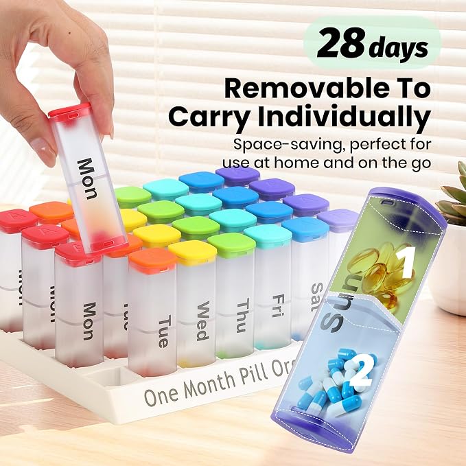 CAidRE 28 Day Pill Box, Clear Extra Large Vitamin Dispenser AM PM | 4 Week Transparent Medication Organizer, Moisture Proof Travel Pods Twice Daily, Instantly Track Your Supplements