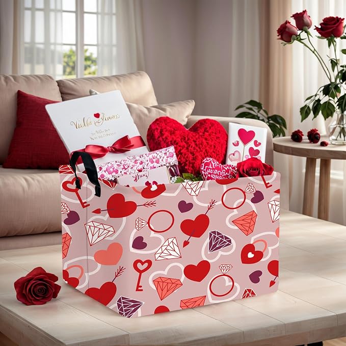 Valentine's Day Basket Gift for Empty Cute Heart Large Storage Bin for Kid and Baby Room Décor (Diamond Key Lock Love)
