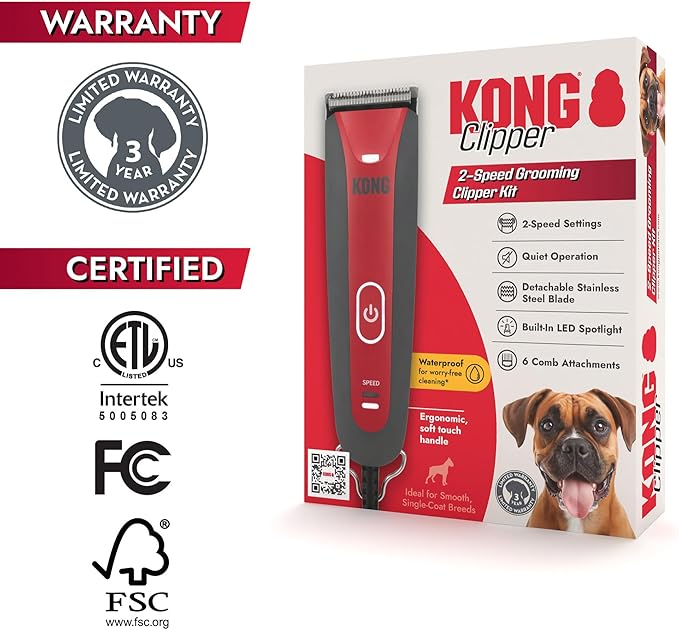 Kong 2-Speed Dog Clipper Grooming Kit – Stainless Steel Blade, Waterproof, LED Spotlight, 6 Guide Combs, 8-Foot Cord, Ergonomic Handle – Red/Gray, Medium Coat Types
