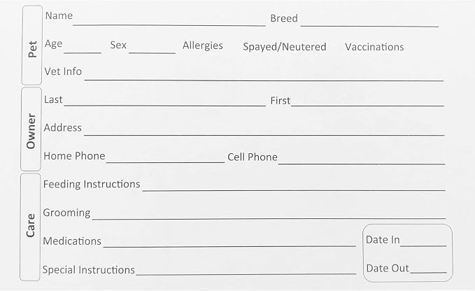 100 3X5 Kennel Cards (3 X 5 Inch) cage Cards for a Kennel, Cat and Dog Boarding Supplies, Pet Profile Record Card for Veterinary Practice, Shelter, Dog Grooming (Pack of 2)