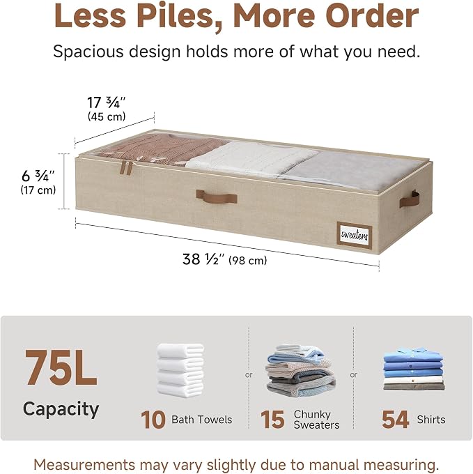 StorageWorks 7 Inch Low Profile Under Bed Storage Containers with Clear Lid | Reinforced Structure, Resists Sagging, Handles & Label Holder, Foldable Stackable Closet Storage for Clothes, Blankets, Toys