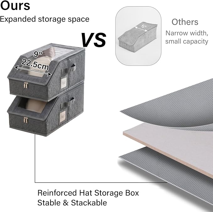 Furlide Hat Organizer for Baseball Caps, 2 Pack Stackable Storage Boxes | Protects 24-30 Caps From Dust and Pet Hair; Stackable Base, Clear Window, Front Opening and Handles Simplify Closet Storage.