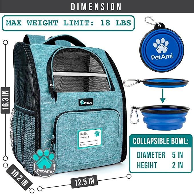 PetAmi Dog Backpack Carrier Airline Approved Cat Pet Puppy Bag, Turquoise | Ideal for Small Medium Large Pet up to 18 lb, 2 Side Entry Structured No-Collapse Frame, Ventilated Bookbag for Hiking Travel