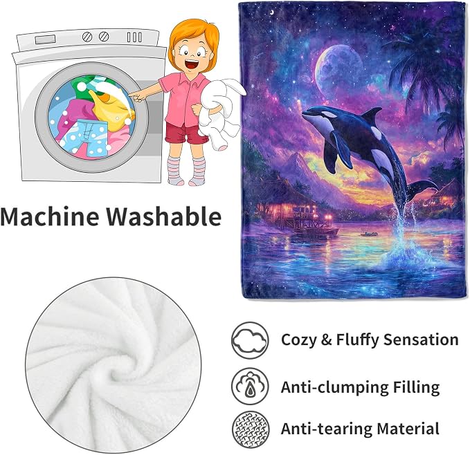 Whale Blanket Ocean Scene Throw Blankets with Night Sky & Tropical Paradise,Birthday Gifts for Kids Adult & Animal Lovers,Lightweight Soft Fleece,for Sofa Couch Bed Room Decor 50x60in
