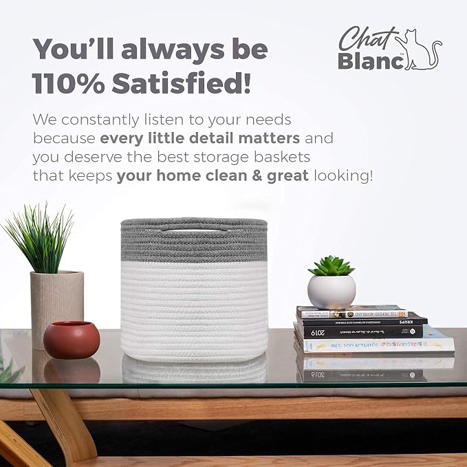 CHAT BLANC Cotton Rope Baskets for Organizing, Shelves, Toys, Storage, Shoe, Bathroom, Laundry, Towel, Nursery, Home Decor, Blanket, Cloth Woven Bins Fabric (Dark Gray & Creamy White7, 15"x10"x9")