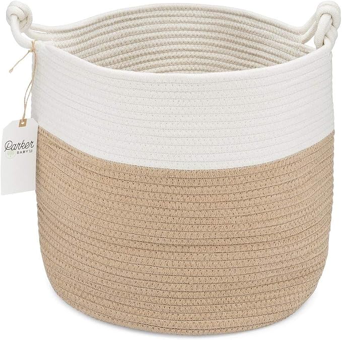 Parker Baby Co. Rope Storage Basket, Large Nursery Storage Bin - White/Tan | Soft woven basket that adds stylish, sturdy storage for blankets, books, clothes, and playroom clutter