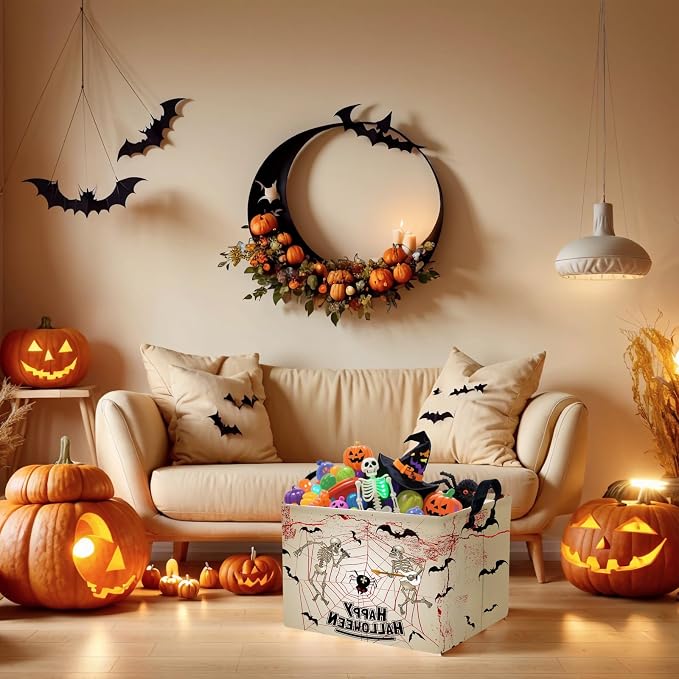 Halloween Basket Gift Terror Ghost Parties Decor Kid Trick or Treat Basket for Boys and Girls Rectangular Storage Bin Box (Skeleton Bat)