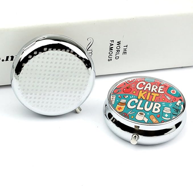 Care Kit Club Doodle Collage Round Pill Box with 3 Compartments, Portable Travel Pill Organizer with Spring Snap Closure for Vitamins Supplements Fish Oil