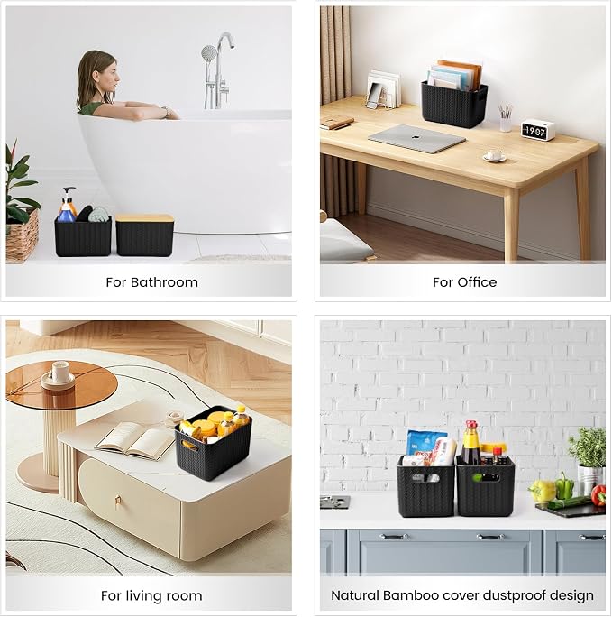 Ohmlove 4 Pack Storage Bins with Bamboo Lids,Stackable Box for Organization | Plastic Storage Containers with Handle, Storages Baskets for Organizing Desktop Closet Playroom Classroom Office, Black