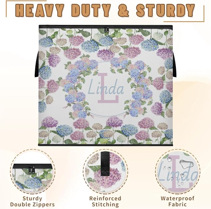 Custom Extra Large Storage Baskets with Lid, Personalized Initial Letter Storage Bins Basket Boxes Handles Clothes Blanket Bedroom Closet Organizing Shelves, Watercolor Blue Pink Hydrangea Floral