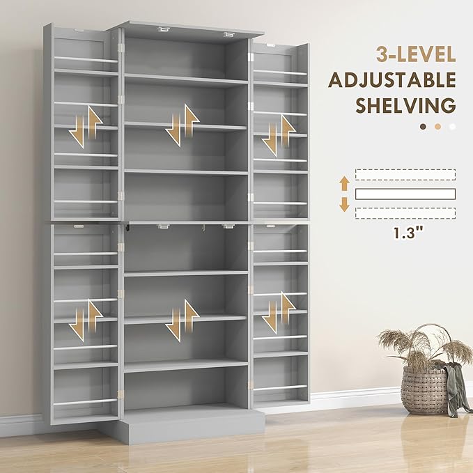 HOMCOM 65" Kitchen Pantry Storage Cabinet 16 Door Shelves Gray | Freestanding Kitchen Cabinet, 4 Doors, 8-Tier Shelving, Adjustable Shelves