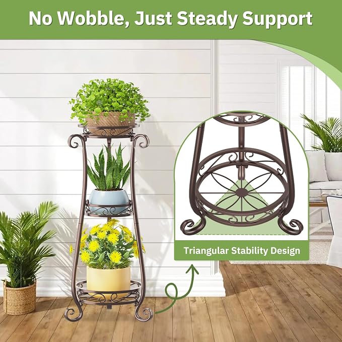 KMOTASUO 3 Tier Metal Plant Stand Tall for Indoor Outdoor Corner, Bronze | Heavy Duty Flower Holder Rack, Modern Vertical Iron Shelf for Patio Bathroom Office Garden