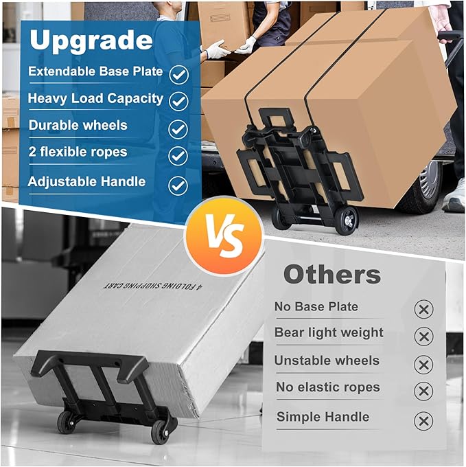 Folding Hand Truck Dolly Cart, Folding Cart Small Dolly with Wheels, | Lightweight Utility Dolly Expandable Baseplate Small Backpack Portable Luggage Cart for Airport Travel