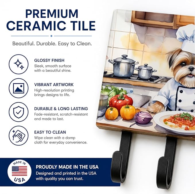 Caroline's Treasures Lhasa Apso The Chef Leash or Key Holder Wall Hooks, Key Hooks Holder, Coat Rack Wall Mount, Coat Hooks, Hooks for Hanging Keys, Towels, Aprons, Leashes | Lhasa Apso The Chef artwork on ceramic tile with three steel hooks for keys, ...