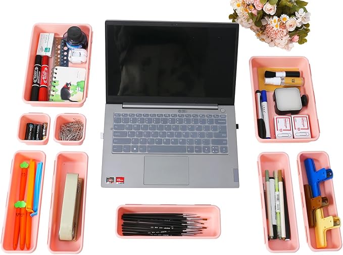 Kutesna 25 PCS Pink Drawer Organizer Set, 4 Size Interlocking Plastic Storage Bins for Office Supplies, Jewelry Makeup Vanity, Bathroom Kitchen, Home Organization Closet, Gadgets Small Items