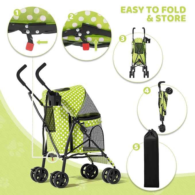 Magshion Compact Fold Pet Travel Stroller for Small Dogs Cats, Lawn Green | Up to 22lbs, 4-Wheel Lightweight Umbrella Shaped Design, Safety Tethers, Breathable Mesh, Cup Holder & Rear Storage