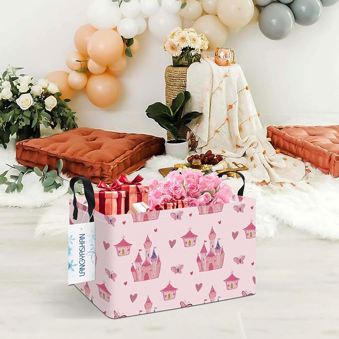 Rectangular Collapsible Pink Castle Storage Basket Nursery Toy Organizer | Storage Bin Foldable Canvas with Handles for Organizing Home Kitchen Children Toys Office Closet Shelf Baskets
