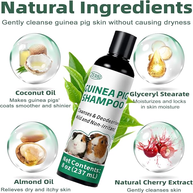 Guinea Pig Shampoo 8 oz - Naturally Effective Shine Skin & Coat Formula - NO Fragrance, Hypoallergenic, Relieves Dry, Itchy Skin, Eliminates Odors